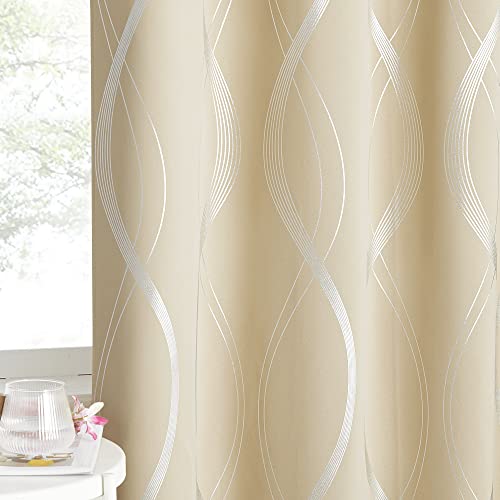 NICETOWN Blackout Curtains 90" Long 2 Panels, 52", Biscotti Beige, Foil Printed Wave Lines Energy Saving Thermal Insulated Blackout Draperies for Pati