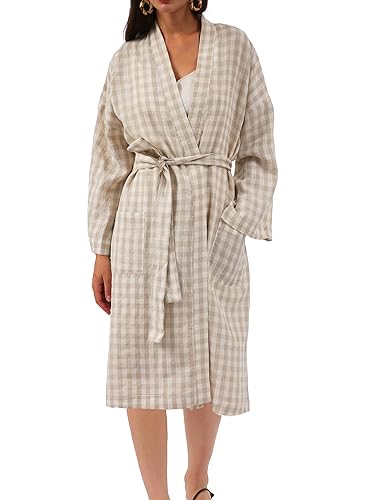 Image of Amazhiyu Womens Pure Linen Mid Length Kimono Robes Lightweight Long Sleeve Bathrobe