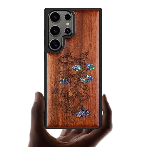 Coque Samsung S25 Ultra en bois gravé et nacre véritable, protection luxe art dragon