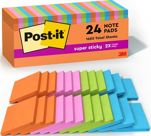 Image of Post-it Super Sticky Notes, 3 x 3 in, Neon Fizz, 24 Pads, 70 Sheets /Pad | School Supplies and Office Supplies, 2X the Sticking Power