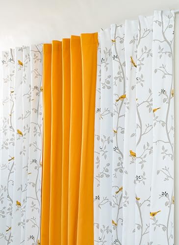 Image of Tranquebar Curtain Co. Window Curtains 5 Feet, 60-65% Room Darkening,Yellow Bird Print, Cotton Curtains for Window,Cotton Curtains 5 Feet Set of 3, BackTab Loops, Yori Yellow combo (152 cm) - Set of 3