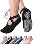 VITEVER 6-Pair Pilates Grip Socks for Women, Yoga Socks with Grips Non Slip Straps, Grippy Socks Suitable for Ballet, Barre, Dance, Hospital, Barefoot, Workout