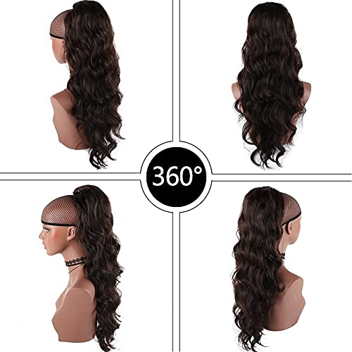 Yeeshedo Dark Brown Long Wavy Ponytail Hair Extension For Women Drawstring Ponytail Hair Extensions Clip In Black Curly Synthetic Hairpiece (4#) - 3