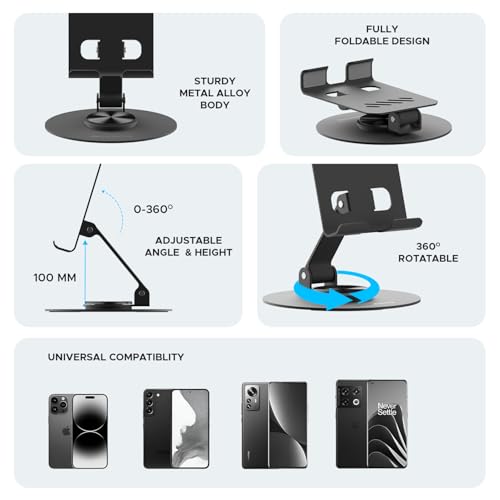 Image of Amkette Ergo 360 Alloy Mobile Stand for Desk, Foldable Design with Stable Rotational Metallic Round Base, Multiple Height & Angle adjustments for Smartphones, Tablets & iPad (Black)