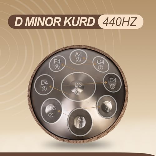 Sarospan Handpan Drum - 22-Inch 9-Note D Kurd 440Hz - Hand Tuning Handpan - Includes Soft Bag, Mallets, Stand, Note Stickers, Cleaning Cloth - Artist Performance Video