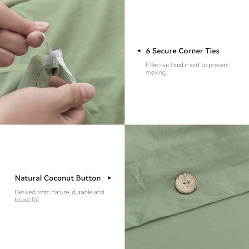 Image of JELLYMONI Cotton Duvet Cover Full Size - Light Green Comforter Cover with Button 100% Washed Cotton 3PCS Breathable Soft Solid Bedding Set Duvet Cover 80x90in & 2 Pillowcases (NO Comforter)