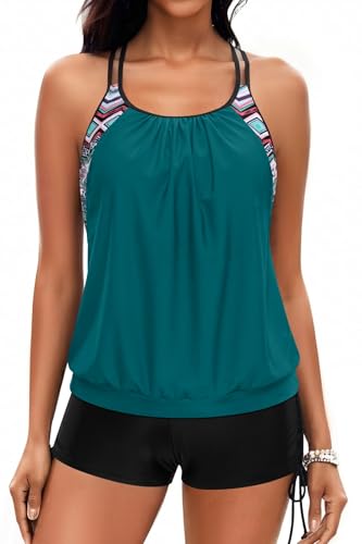 Image of Holipick Tankini Swimsuits Two Piece Tummy Control Bathing Suits Blouson Swim Tank Top with Boy Shorts