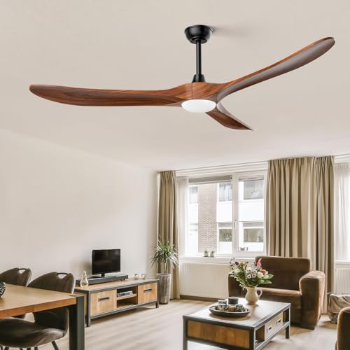 Image of Obabala 60 inch Outdoor Ceiling Fan with Light and Remote, Solid Wood 3-Blade Ceiling Fan with DC Motor for Patio and Farmhouse, Dark Walnut