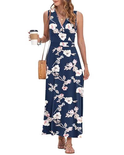 Image of AUSELILY Womens Maxi Dress Summer Sleeveless Wrap Long Dresses with Pockets | V-Neck Wrap Sleeveless Sundress, fits formal, casual, beach, vacation & daily wear
