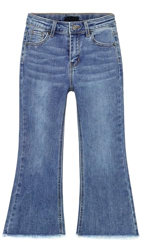 KIDSCOOL SPACE Baby Little Girls Flared Jeans, 12M-5T Raw Edge Hem Stretchy Denim Pants,Light Blue,3-4 Years