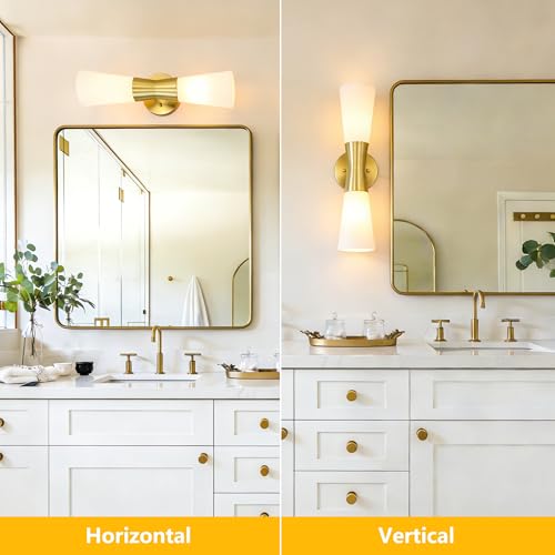 Image of Bathroom Wall Sconce, Modern Indoor Vanity Light Fixtures 17 inch, Up Down Lighting, Wall Mount Lamp for Living Room Bedroom Hallway Stairway Fireplace Mirror E26 Base 1PC White&Gold