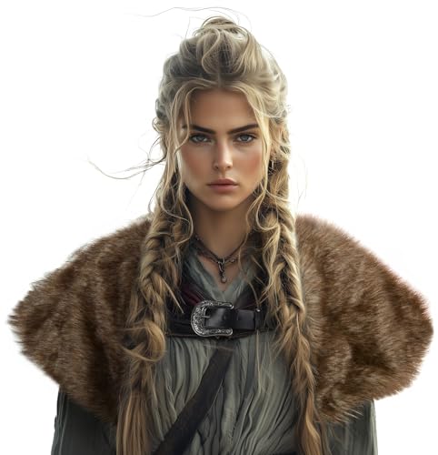 Viking Fur Shawl Collar Medieval Faux Fur Mantle Shoulder Wrap for Women Viking Costume Accessory-Brown