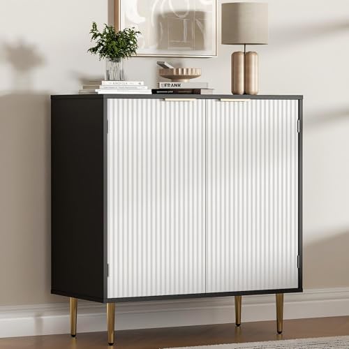 Housoul Buffet Sideboard Cabinet with 2 Doors, Modern Kitchen Cabinet with Golden Handles & Legs, Adjustable Shelf, Accent Coffee Bar Storage Sideboard for Kitchen, Living Room, Black & White