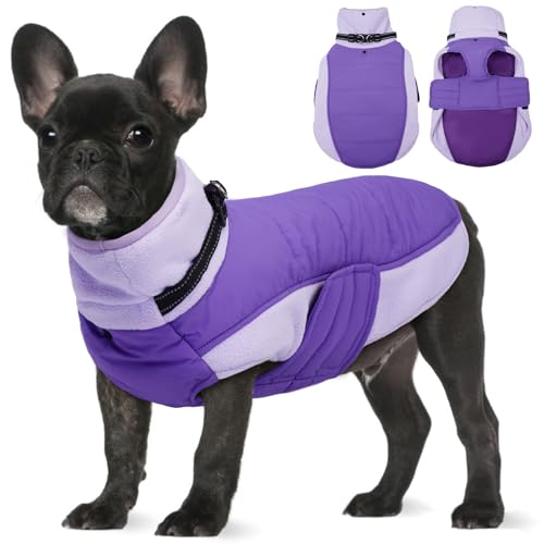 Image of BRKURLEG Dog Coat, Turtleneck Winter Jacket with Harness for Small Medium and Large Dogs, Windproof Reflective Warm Fleece Dogs Snowsuit with Hook & Loop, Dog Coats for Cold Weather, Purple L