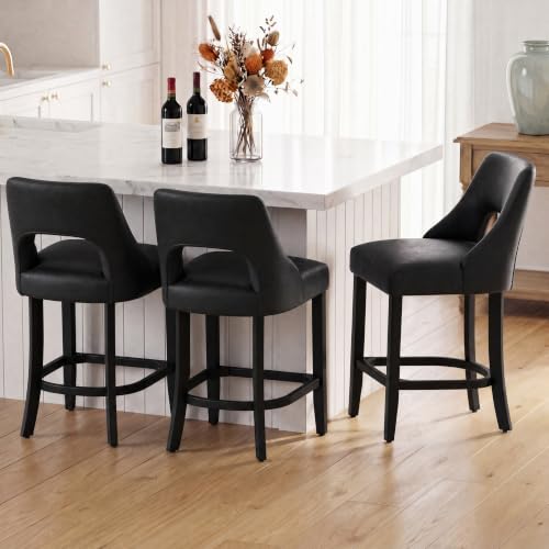 Image of UVV Bar Stools Set of 4, Modern Upholstered Counter Height Bar Stools, Faux Leather Counter Stools BarStools with Wood Legs for Kitchen Island Dining Room Bar, Black