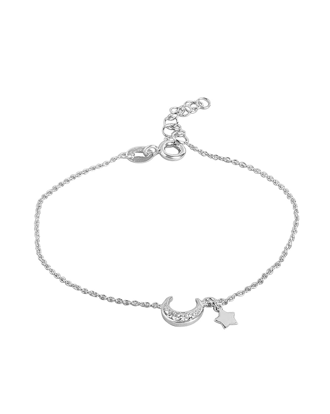 925 Sterling Silver Women Rhodium Plated with CZ Moon & Stars Charm Bracelet Adjustable