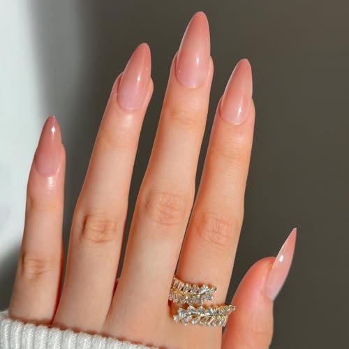 Glossy Artificial Nails, Pointy Stiletto Style, Nude Pink Color with Crystal Rings, Almond Shape