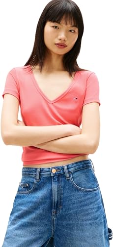 Tommy Jeans Camiseta Tjw Slim Essential Rib V SS Dw0Dw17385 S/S para Mujer, Color Rosa (Tropical Blush), L