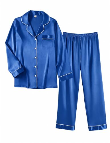 Image of Ekouaer Women Satin Pajamas Set Classic Button Down Long Pjs Set
