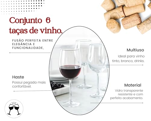Kit Jogo Com 6 Taças De Vidro Transparente Para Vinhos Água Sucos Luxuosa Mesa Posta 465ml