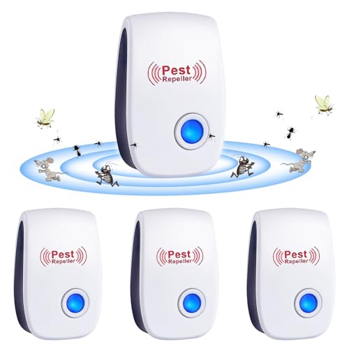 Ultraschall Schädlingsbekämpfer, 4 Stück Mäuseabwehr Mäusevertreiber Ultraschall & Elektronische Insektenschutzmittel, Pest Control Repeller für Mäuse Ratten Mücken Kakerlaken Spinnen Fliegen