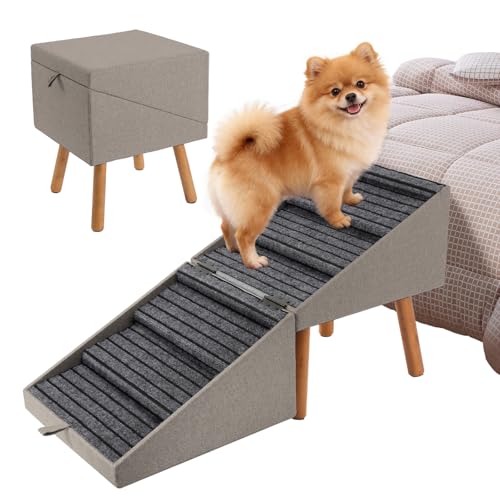 Image of Split Ottoman Dog Ramp for Bed and Couch, 21.06 inch H Non Slip Dog Stairs for Small Medium Large Dogs Cats Puppies Joint Support, 2 in 1 Foldable Wooden Pet Steps for Senior /Injured Dogs, Space Saving