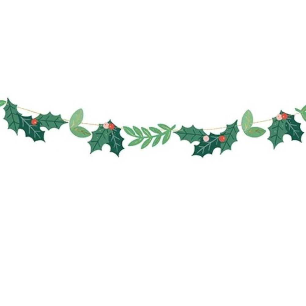 Partydeco Green Mistletoe Christmas Paper Garland, Festive Hanging Decoration, Christmas Party Decoration 1.5M