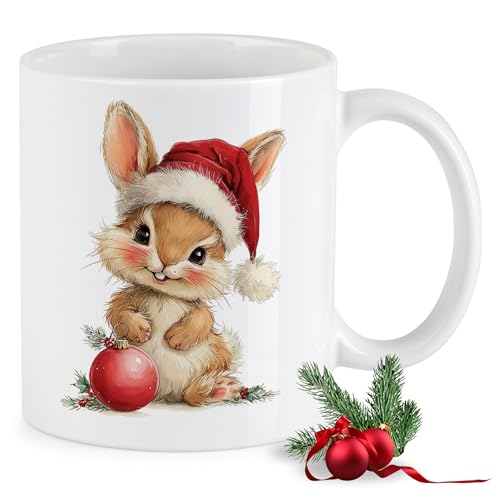 GRAZDesign Weihnachtstasse Hase 330 ml – Keramiktasse mit süßem Weihnachtsmotiv – Kaffeebecher mit Häschen & Nikolausmütze – Geschenkidee für Kinder
