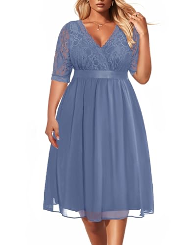 Image of Pinup Fashion Plus Size Lace Chiffon Wrap V Neck Dresses Women Cocktail Wedding Guest Midi Dress