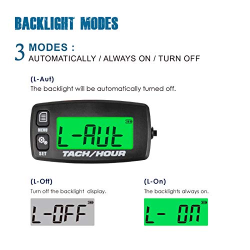 Runleader HM032R Inductive Tachometer Digital Tach Hour Meter Backlit Flash Alert Service Alarms for Gasoline Engine Chainsaw ATV UTV Dirtbike Motobike Motocycle Outboards Snowmobile Marine Boat