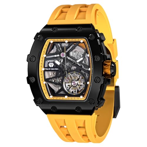 Image of TSAR BOMBA Men's Automatic Watch Tonneau Luxury Skeleton Watches for Men Mechanical 50M Waterproof Analogue Watches Mens Unique Cool Square Big Face Dial Wristwatch with Silicone Strap Band