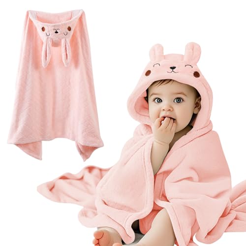 Image of Baby Hooded Towel - Ultra Soft Coral Fleece Bath Towel for Newborn to Toddler (0-5 Years), 32 inch x 50 inch Large Super Absorbent Kids Beach Swim Poncho - Rabbit Pink