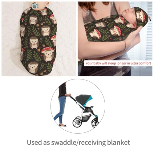 Image of Cute Baby Hedgehog and Mushrooms Newborn Swaddle Blankets Hat Sets Soft Baby Receiving Blanket Swaddle Sack for Baby Shower Infant Boy Girl Gift