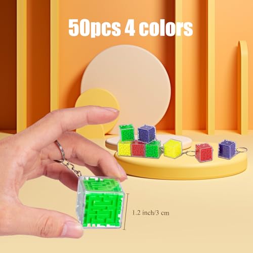Halloscume 50 Pcs Maze Puzzle Toy Gift 3D Cube Box Mini Maze Christmas Mind Puzzles Game for Adults Birthday Party Favors Stocking Stuffers for Kids (Red, Blue, Yellow and Green,1.2\'\')