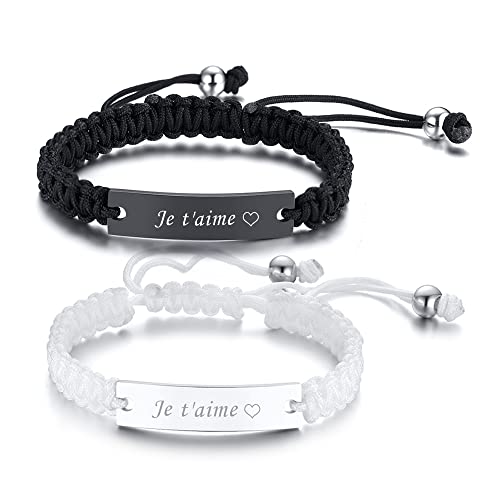XUANPAI 2PCS Bracelets Couples Acier Inoxydable et Cordon Ajustable, Chaînes de Main pour Couples Amoureux Femme Homme Cadeaux Romantiques Saint Valentin Mariage (Noir et Blank) Cover