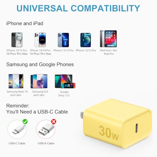 Image of iPhone 17 16 15 Charger Fast Charging 30W USB C Chargers Block Type C Charger 2 Pack 6FT Cord for iPhone 17 /17 Plus /17 Pro Max /Air /16 /16 Plus /16 Pro Max /15 Pro Max /iPad Pro /Samsung(Yellow)