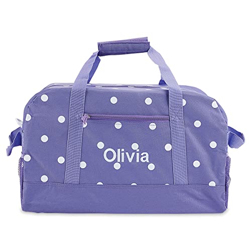 Lillian Vernon Personalized Duffel Bag for Kids, Roomy Purple and White Polka Dot Weekender With Front & Side Compartment, Customizable Girls Sports & Travel Bags With Custom Name, 9