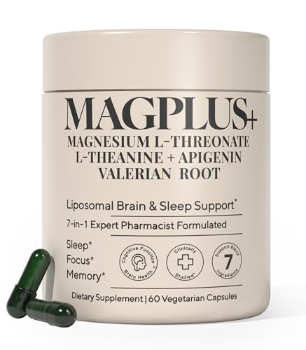 MAGPLUS+ Magnesium L-Threonate w Apigenin & L Theanine | 7-Ingredient Sleep Blend | Brain, Memory, & Sleep Support | Liposomal Magnesium Threonate Supplement (60 Capsules)