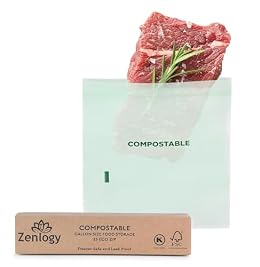 Zenlogy Compostable Gallon Bag (10.5" x 11"), Resealable Food Storage Bags, Biodegradable & Freezer Safe Baggies, Organic Eco-Friendly Storage Container, 25 Pack