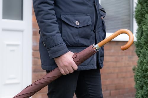 HideWise LONDON Classic Walking Stick Umbrella Crook Wooden J Handle Luxury Design│Auto Open Anti-UV Windproof Strong Brolly (Brown) - Image 8