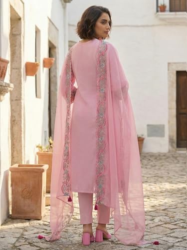 Image of INDO ERA Women's Pure Cotton Floral Embroidered Straight Calf Length Kurta with Pant & Dupatta Set (IERAI10721)