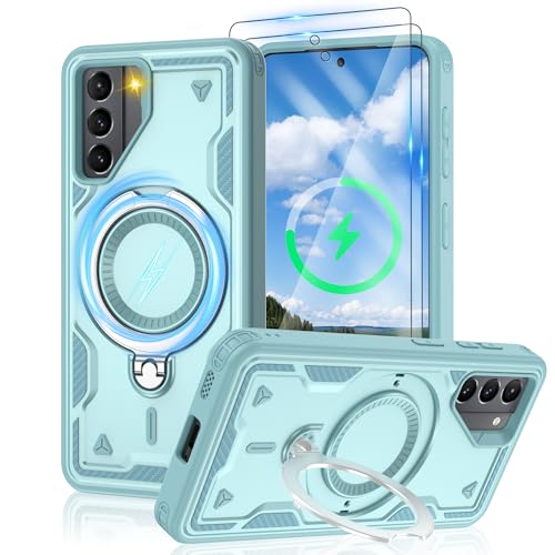 Coque Samsung S21 MagSafe bleu clair avec béquille 360 et 2 verres