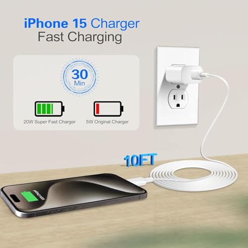 Image of iPhone 17 16 Pro Charger Fast Charging,20W Super Fast USB C Charger Block,2Pack Quick Type C Phone Chargers,10FT USB C Charging Cable Cord for iPhone 17 Pro /17 ProMax /17 Air /16 /16 ProMax /16e /15 /15 Pro