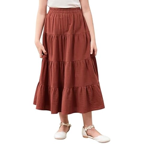 GORLYA Girls Casual Vintage Solid Elastic High Waist Tiered Hem Long Swing Linen Maxi Skirt for 4-14T(GOR1203,14Y,Brown) Cover