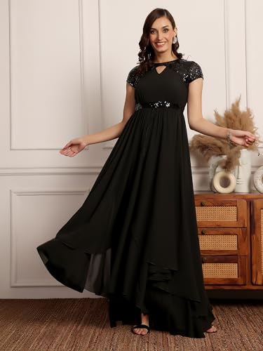 Image of Miss Chase Women's Round Neck Sleeve Embellished Fit Flare Maxi Dress