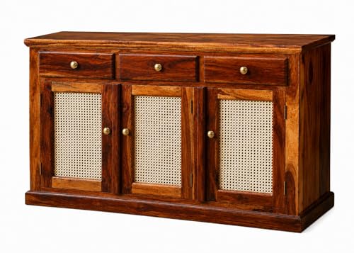 Image of Solid Sheesham Wood Sideboard Cabinet for Living Room | Storage Cabinet with 3 Doors & 4 Drawers | Wooden Buffet Cabinet | Cane Cabinet | Console Cabinet | Home Furniture Dark Honey Finish