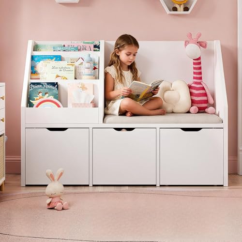 40' Kids Reading Nook with Bench, Toy Storage Organizer and Bookshelf with Seat Cushion, Kids Bookshelf with 3 Movable Drawers, Toy Storage Box on Wheels, Ideal for Nursery, Playroom, Bedroom, White