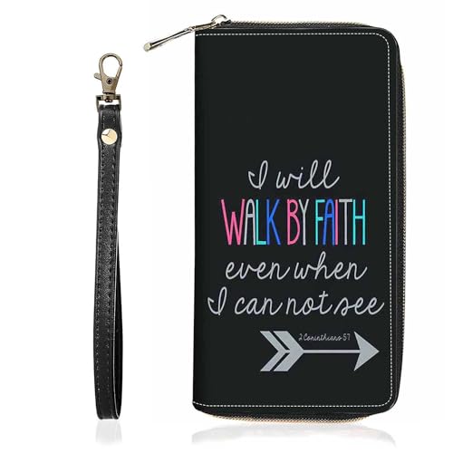 BWOOLL Bible Verse 2 Corinthians 5:7 Print Wallet for Women Large Capacity Wallet Credit Card Holder PU Leather Zipper Clutch Purse Phone Wallet