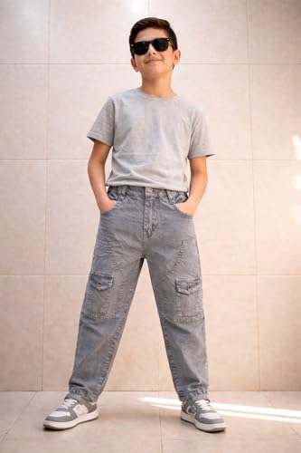 Image of Boys Cargo Pants, Kids Cargo Jeans with Pockets, Adjustable Waist, Stretch Denim Casual Pants for Boys