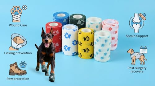 Image of Dog Bandage Cohesive Wrap for Paw & Leg | 10cm x 4.5m - Pack of 4 | Easy Tear, Fur Safe | Self Adhesive Elastic Vet Tape for Walking Protection, Wound Care & Licking Prevention Bandage Roll